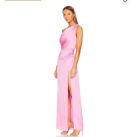 Show Me Your MuMu Jodie Off Shoulder Ruched Pink Satin Dress Size XS - Picture 2 of 9